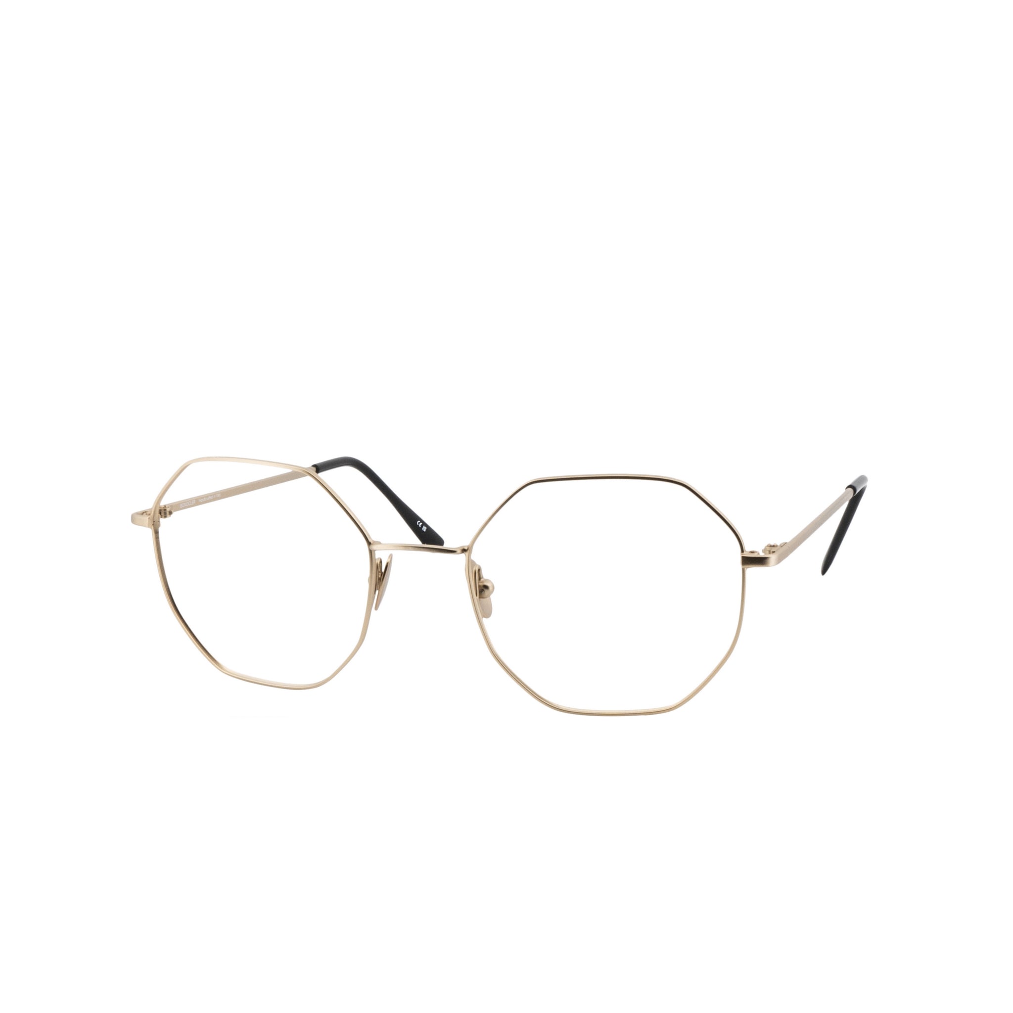 Achteckige Brille aus Metall in Gold, für Frauen und Männer, von BONOCLER. Seitenansicht.