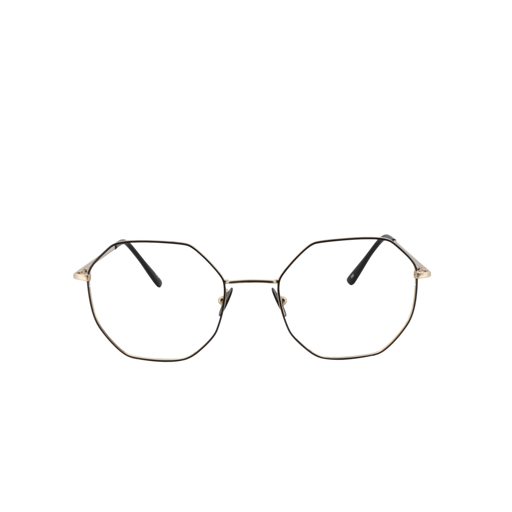 Achteckige Brille aus Metall in Gold und Schawrz, für Frauen und Männer, von BONOCLER. Frontansicht.