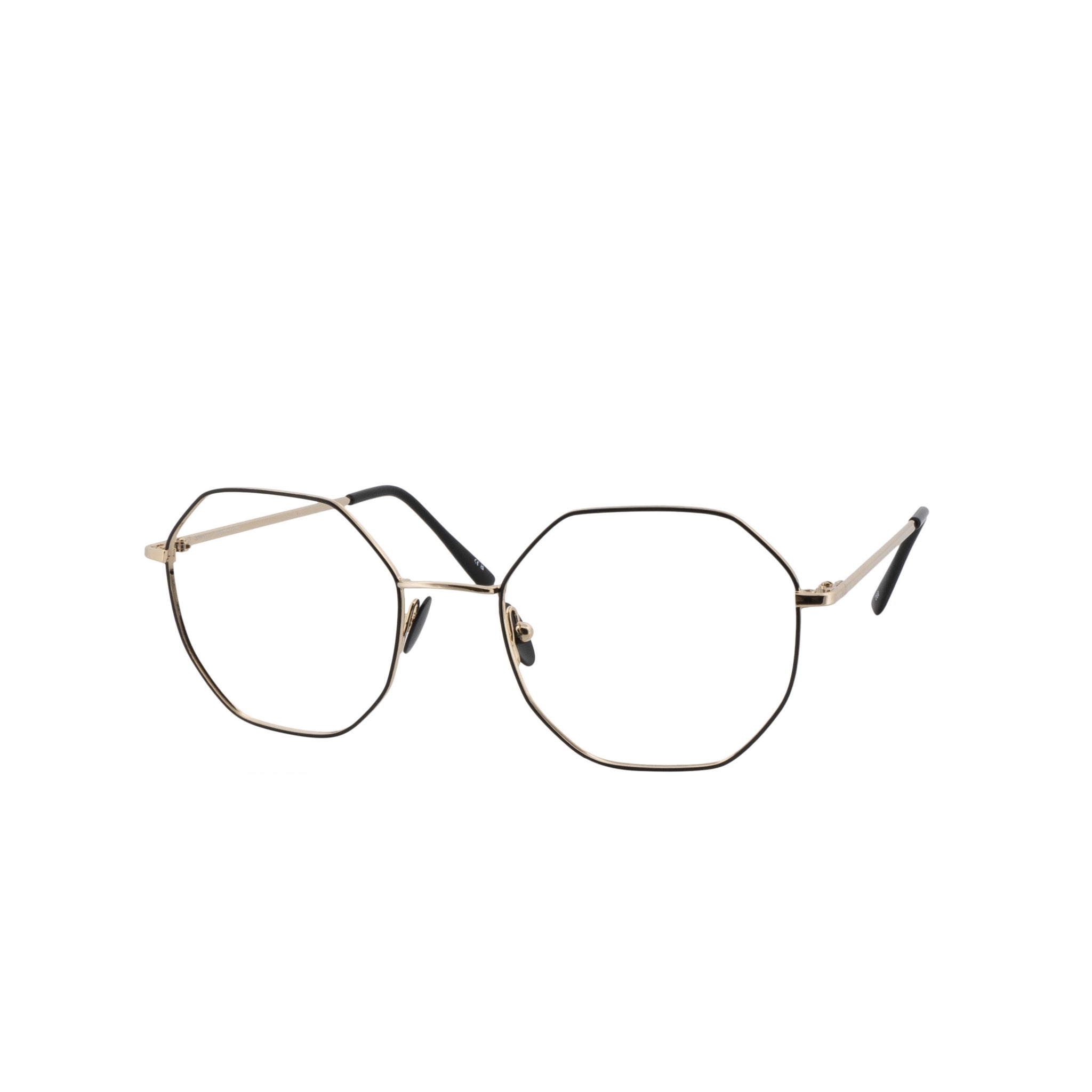 Achteckige Brille aus Metall in Gold und Schawrz, für Frauen und Männer, von BONOCLER. Seitenansicht.