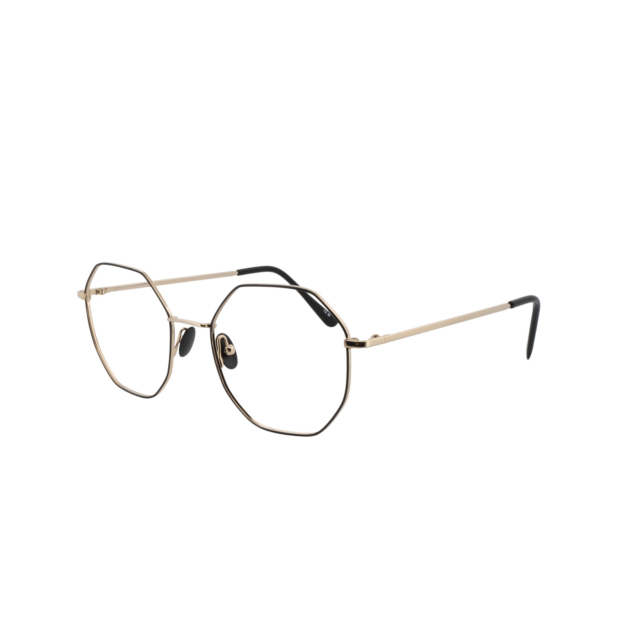 Achteckige Brille aus Metall in Gold und Schawrz, für Frauen und Männer, von BONOCLER. Bügelansicht.