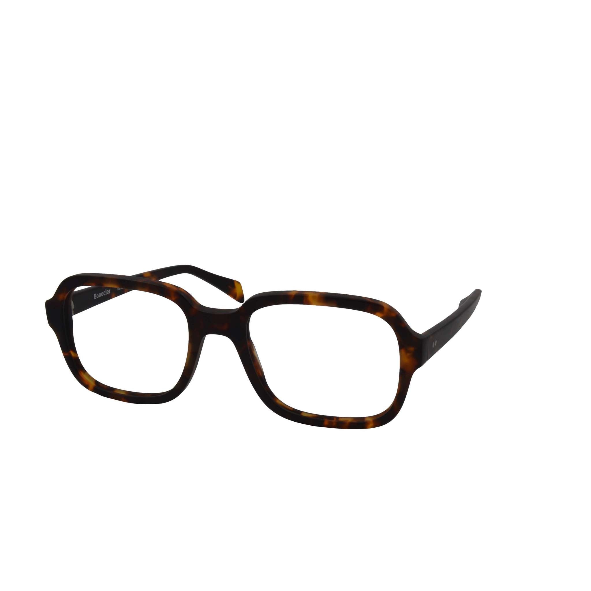 BONOCLER Brille aus tortoise Acetat, eckiges, breites Design. Seitenansicht.