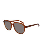 Sonnenbrille im Aviator-Stil, cognac, breite Form. 100% UV-Schutz. Bügelansicht.