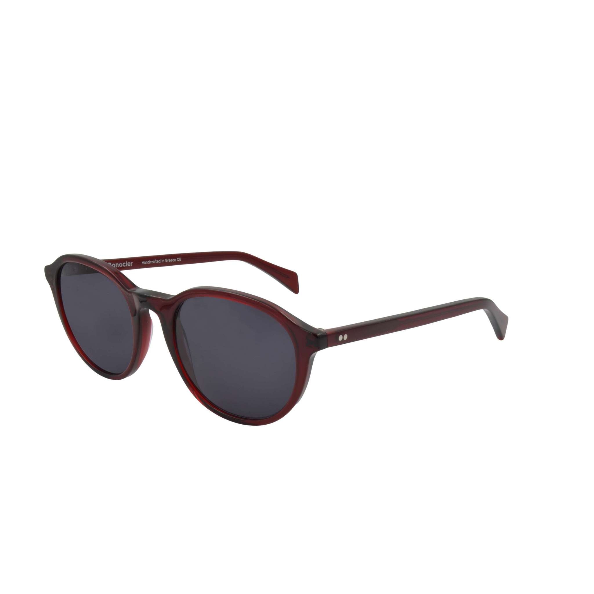 Elegante runde Brille von Bonocler in Rot, inspiriert vom Ray-Ban-Stil, mit 100% UV-Schutz für einen modernen und stilvollen Look. Bügelansicht.