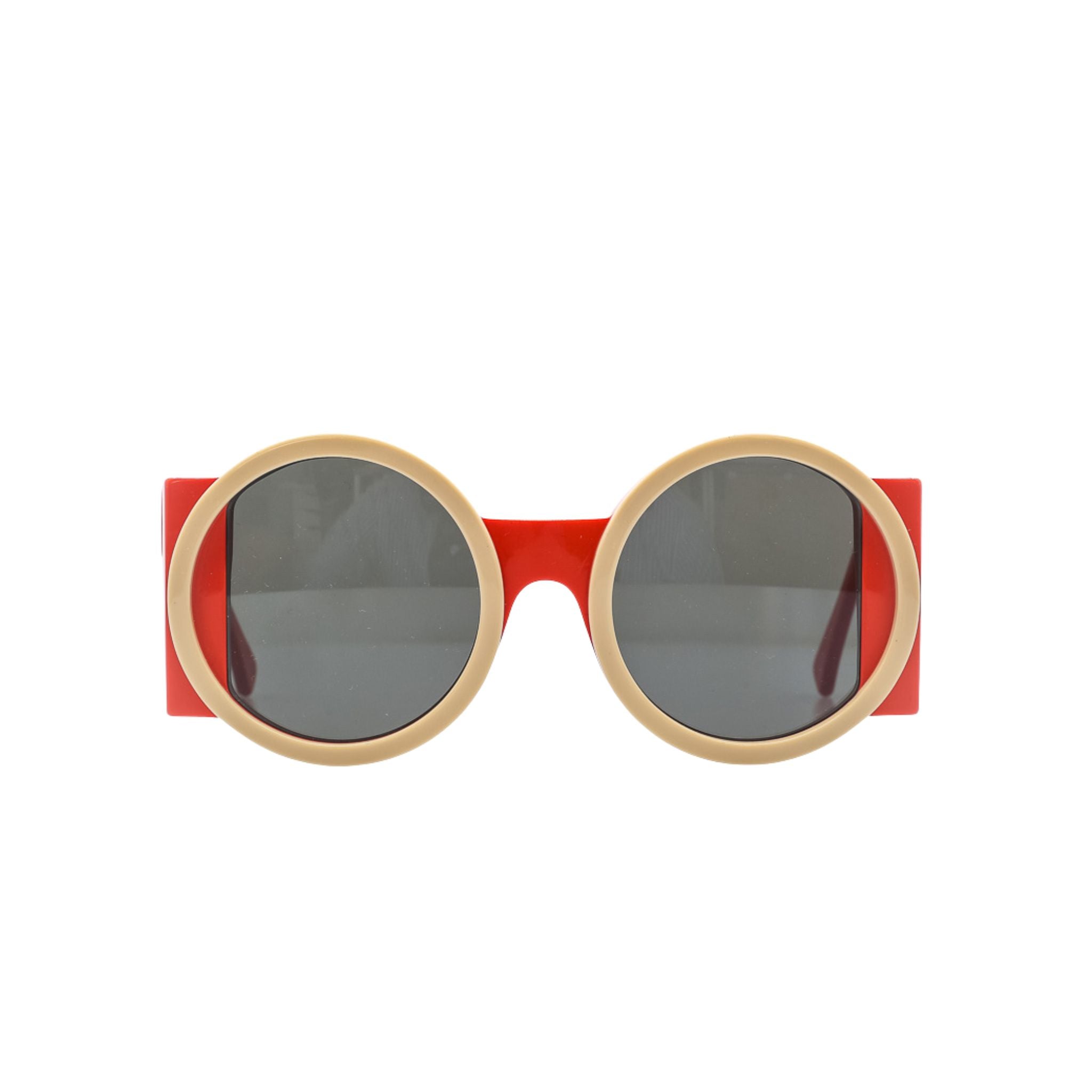 Bild: Runde Sonnenbrille Shelter Amalfi weiss rot mit dunklen Gläsern, frontansicht