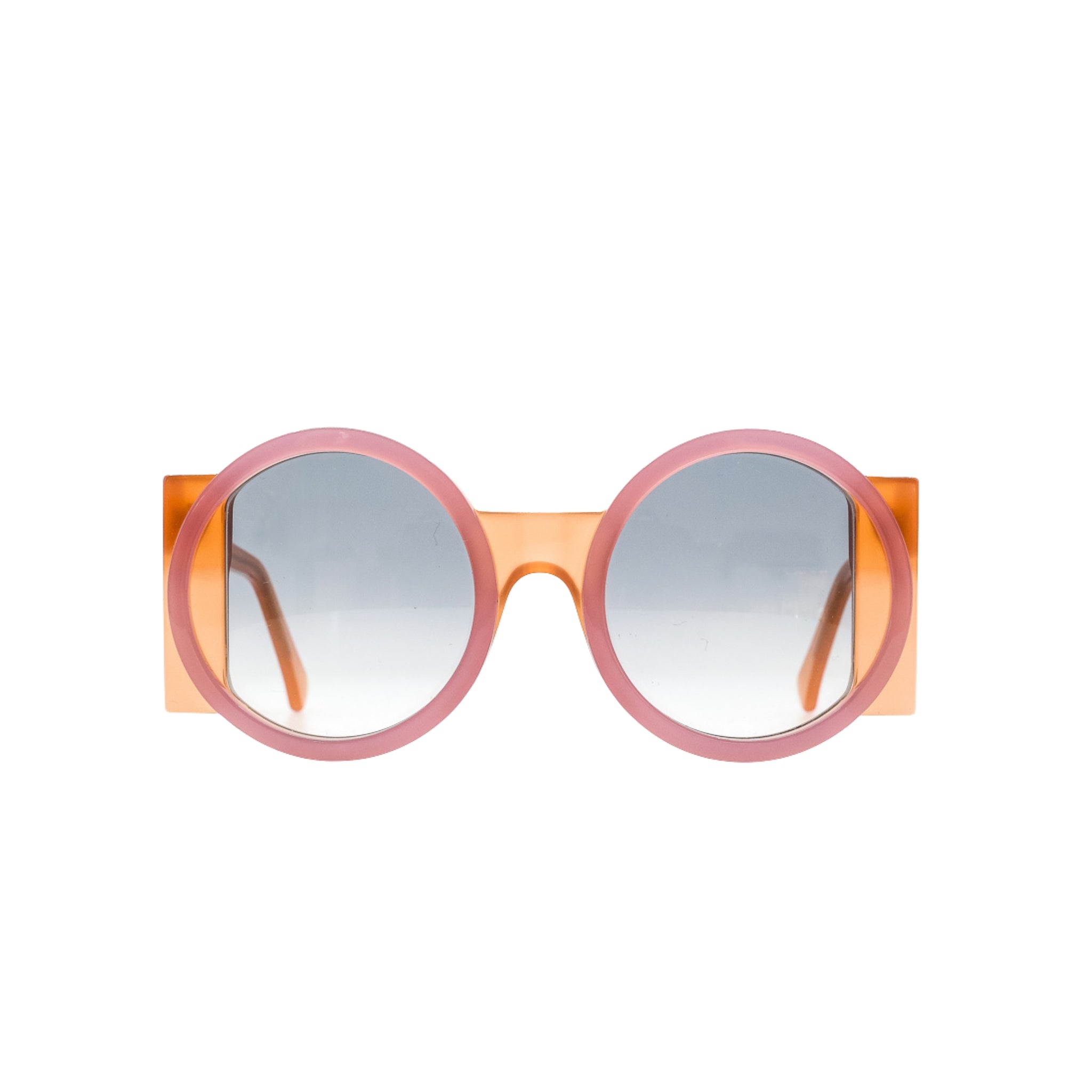 Runde Sonnenbrille Shelter Amalfi rose mit dunklen Gläsern. Frontansicht.